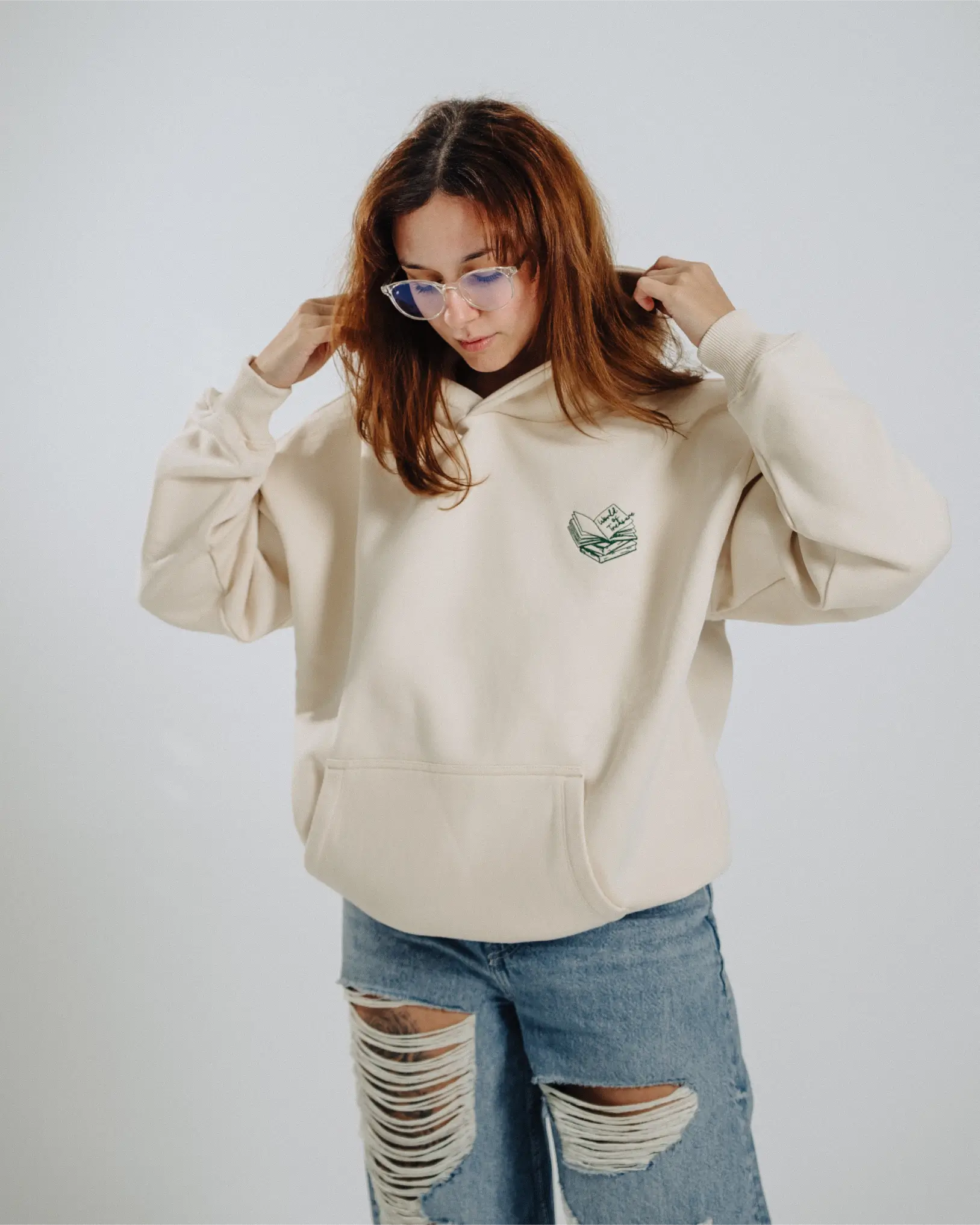 Hoodie - Rather be reading (beige) - World of Treasure