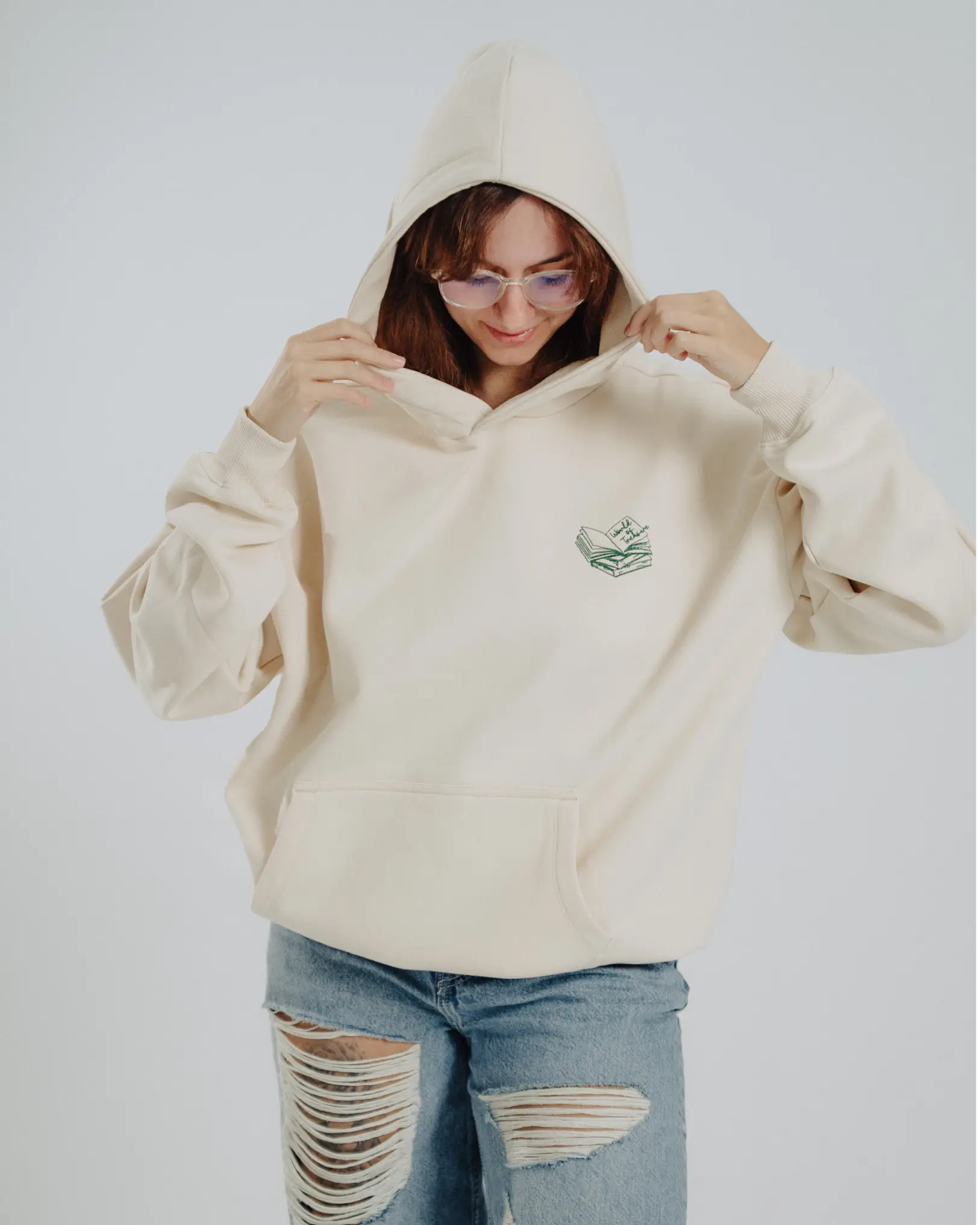 Hoodie - Rather be reading (beige) - World of Treasure